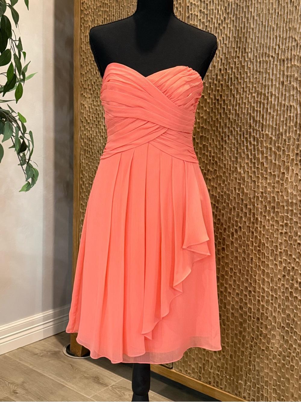David's Bridal Coral Chiffon Strapless Dress Bridesmaid Size 4 WORN ONCE